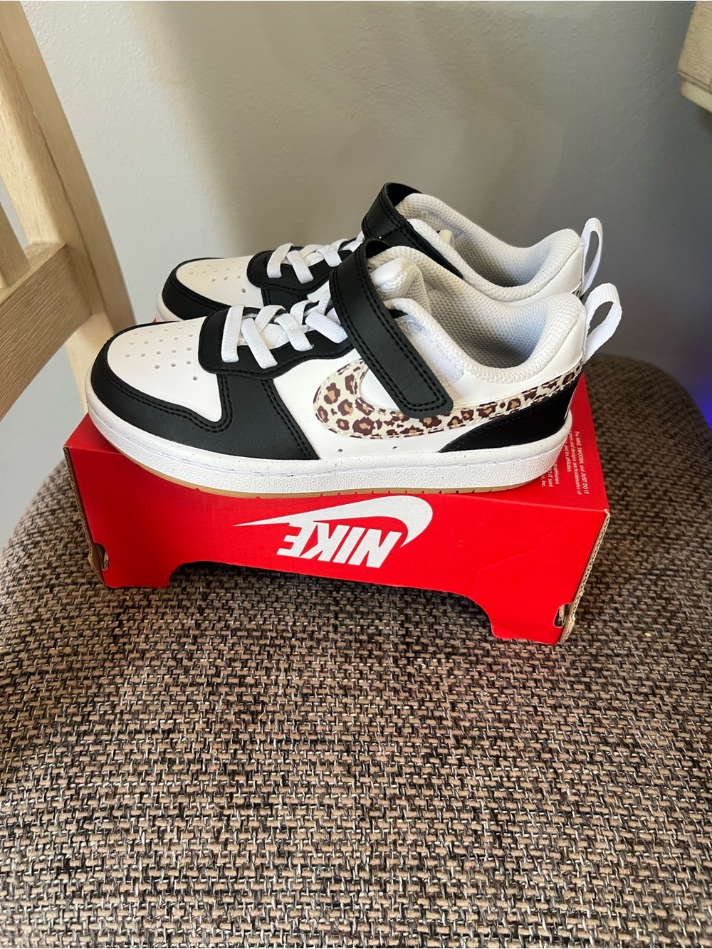 Nike Kids Black and White Sneakers with Leopard Swoosh